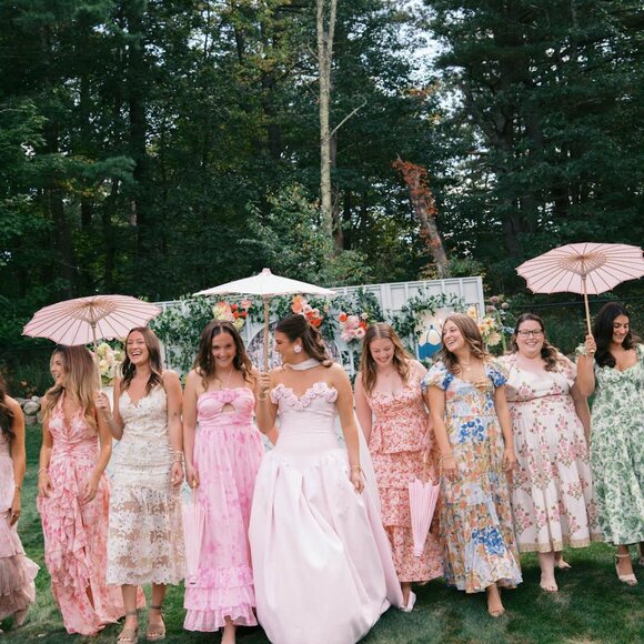 Nicole and Felicia Drop Waist Mikado Gown with Flower Detail - Picture 2 of 6